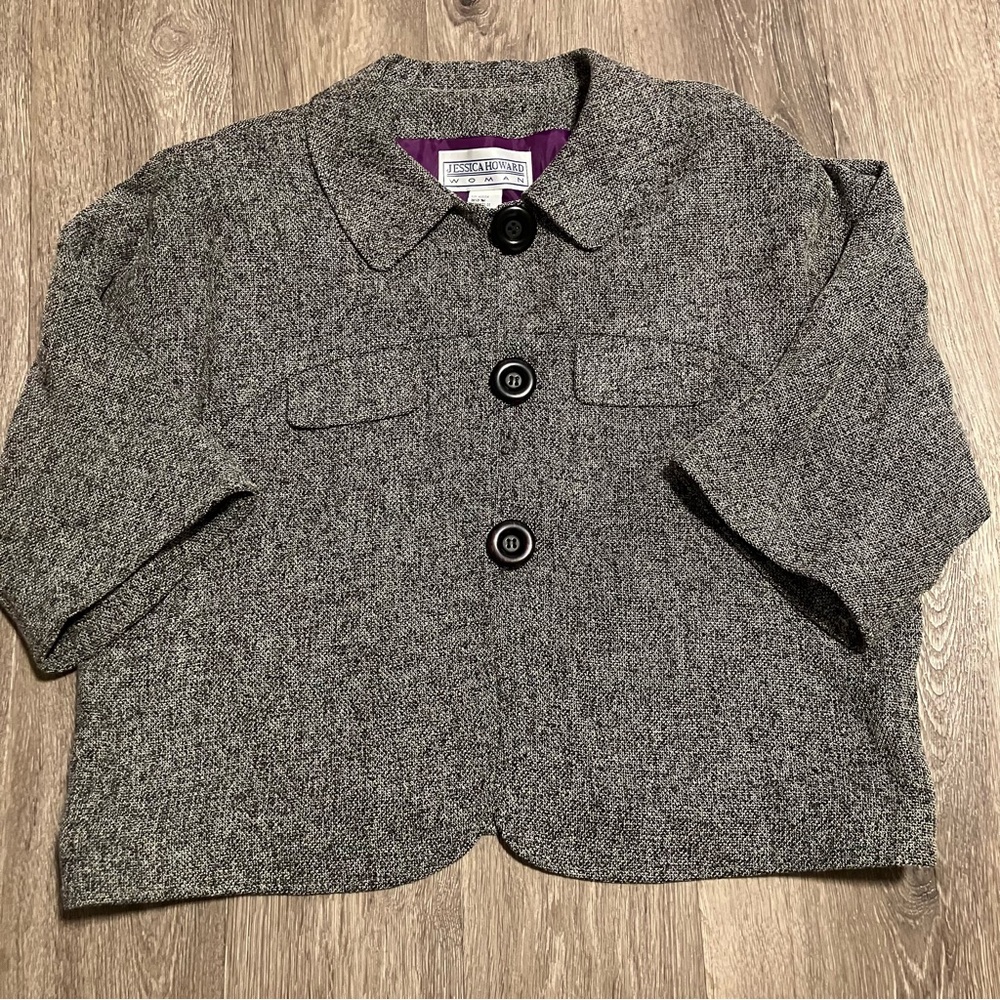 Jessica Howard Womens Gray/Black Tweed 3/4 Length Sleeve Button Jacket Blazer 14